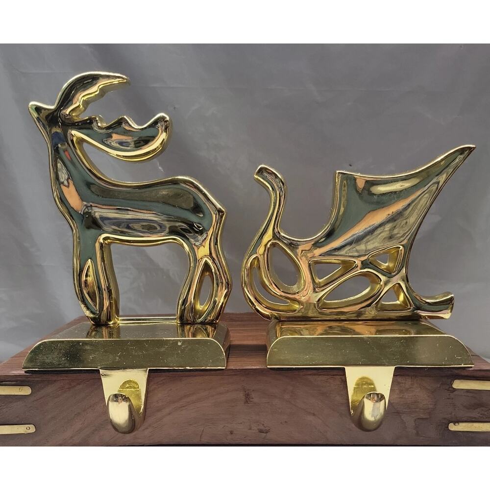 Vintage Solid Brass Grandeur Noel Christmas Reindeer Sleigh Stocking Hanger Set
